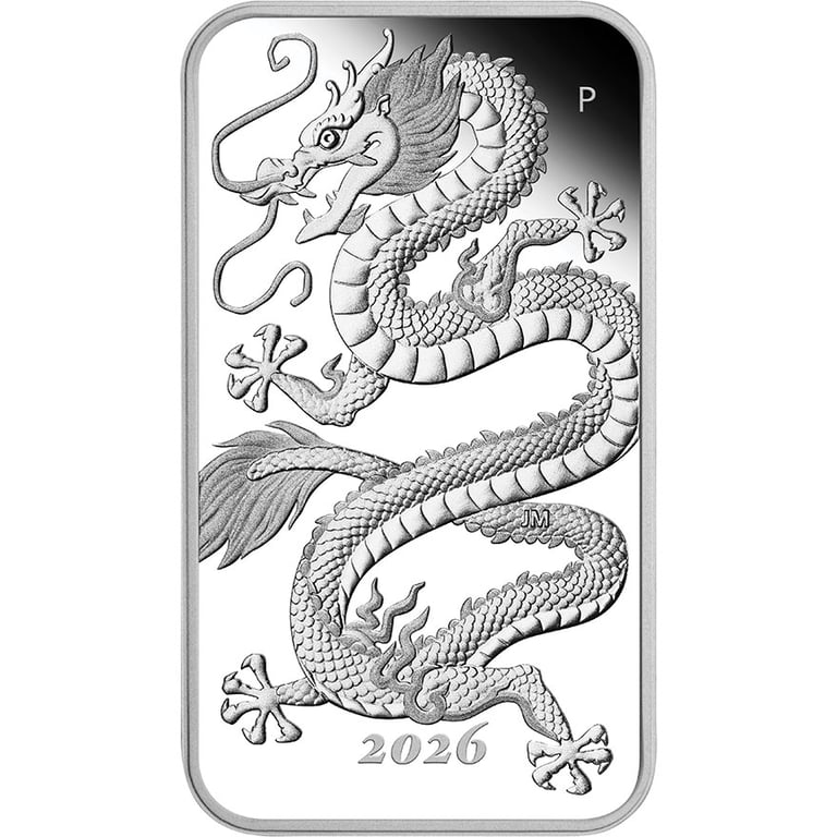 Front of Silver Dragon Rectangular Coin 1 oz Proof - 2026