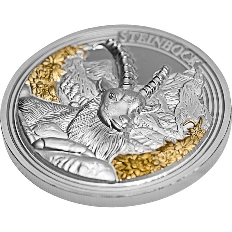 Side view of the Silver Swiss Wildlife - Ibex 3 oz PF - Ultra High Relief 2024
