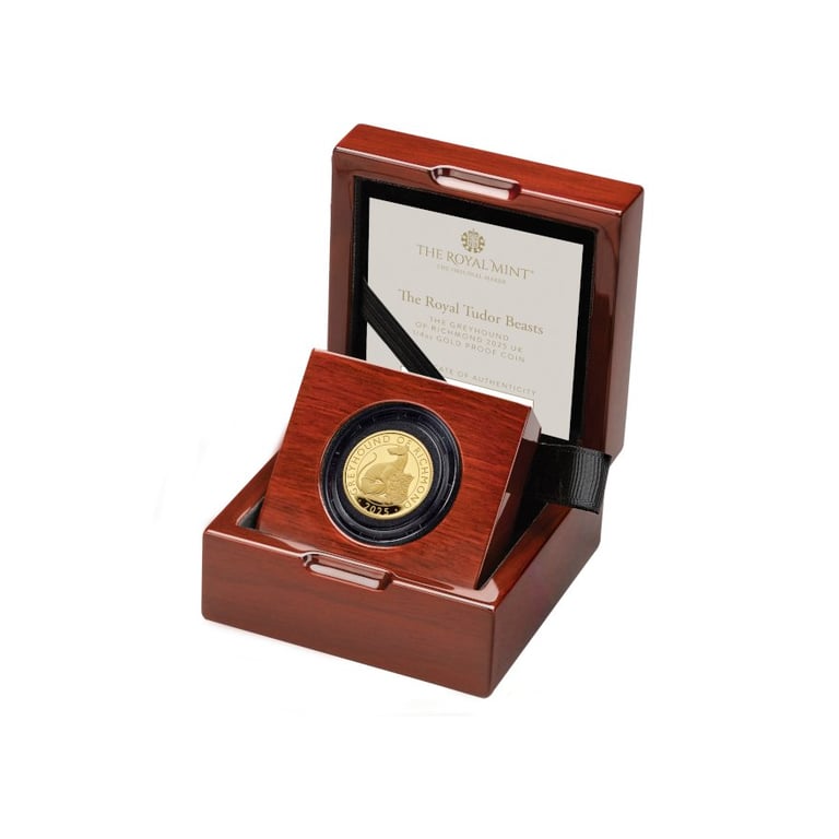 Gold Greyhound of Richmond 1/4 oz PF - Royal Tudor Beasts 2025 in the original coin case