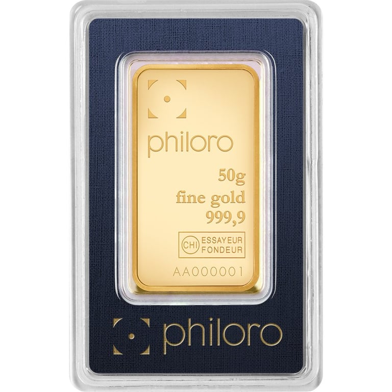 Front of the Gold bar 50 g - philoro in the blister card