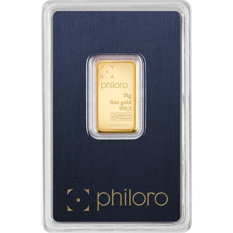 Front of the Gold bar 10 g - philoro in the blister card