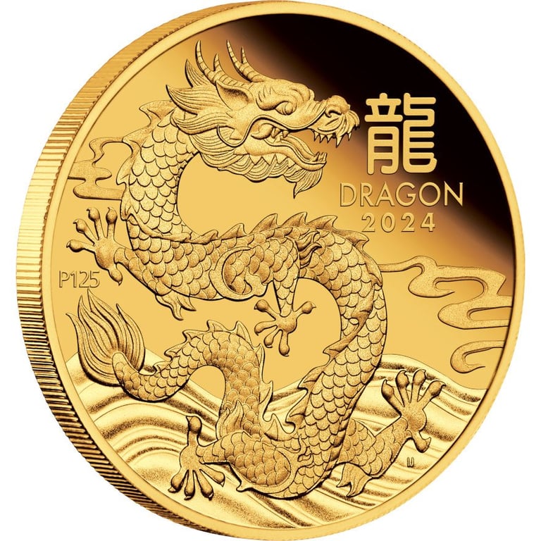 Side view of the Gold Lunar III Dragon 1/10 oz PF - 2024