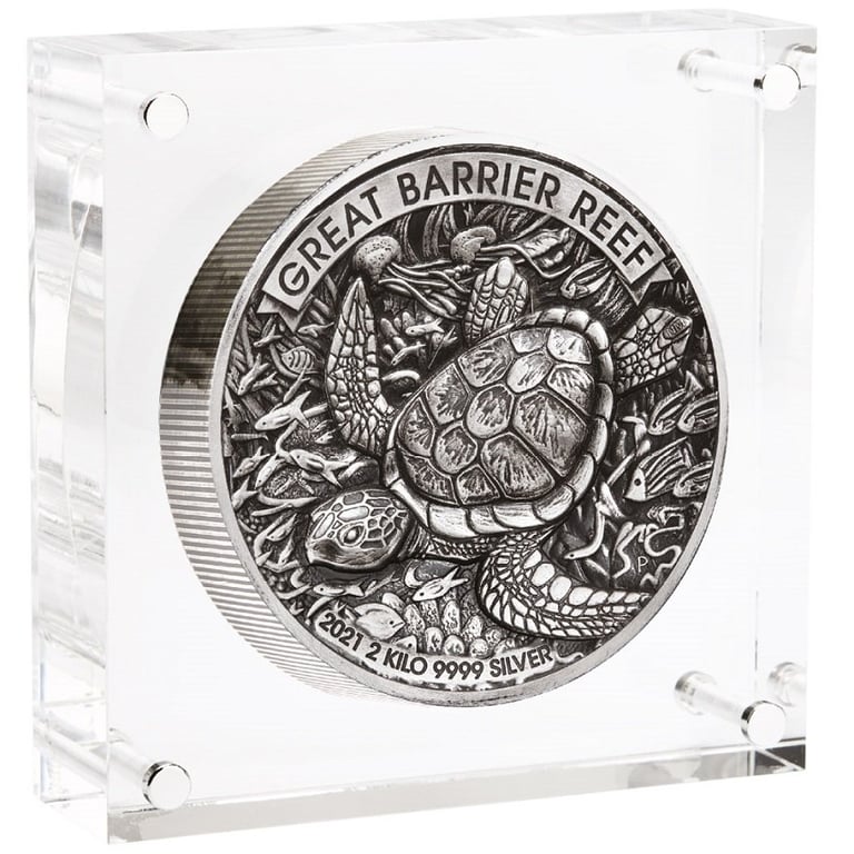 Silver Great Barrier Reef 2 kg 2021 - High Relief - Antique Finish in the original coin case