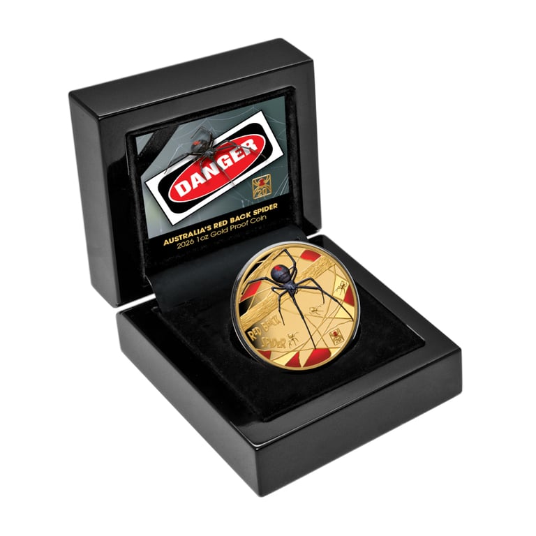 Coin case of Gold Deadly & Dangerous – Red Back Spider 1 oz Proof – 20th Anniversary 2026
