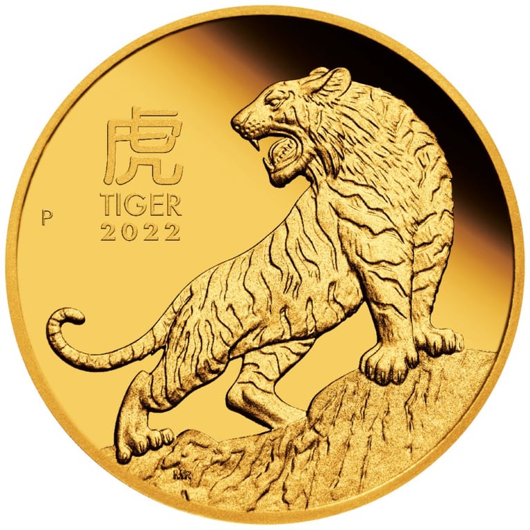 Front of the Gold Lunar III Tiger 1/4 oz PF - 2022