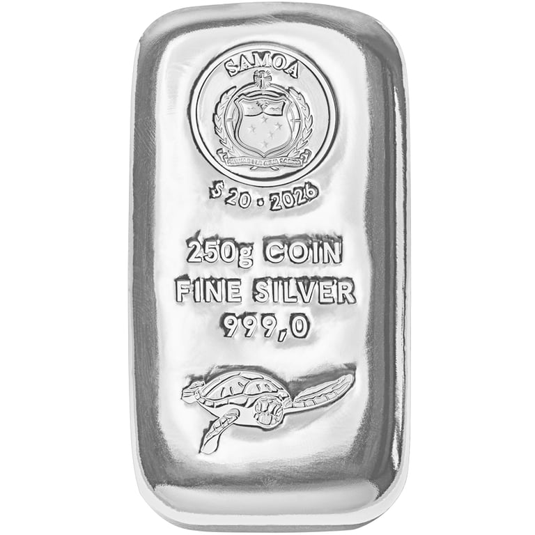 Front view of the Silver coin bar Samoa 250 g - 2026