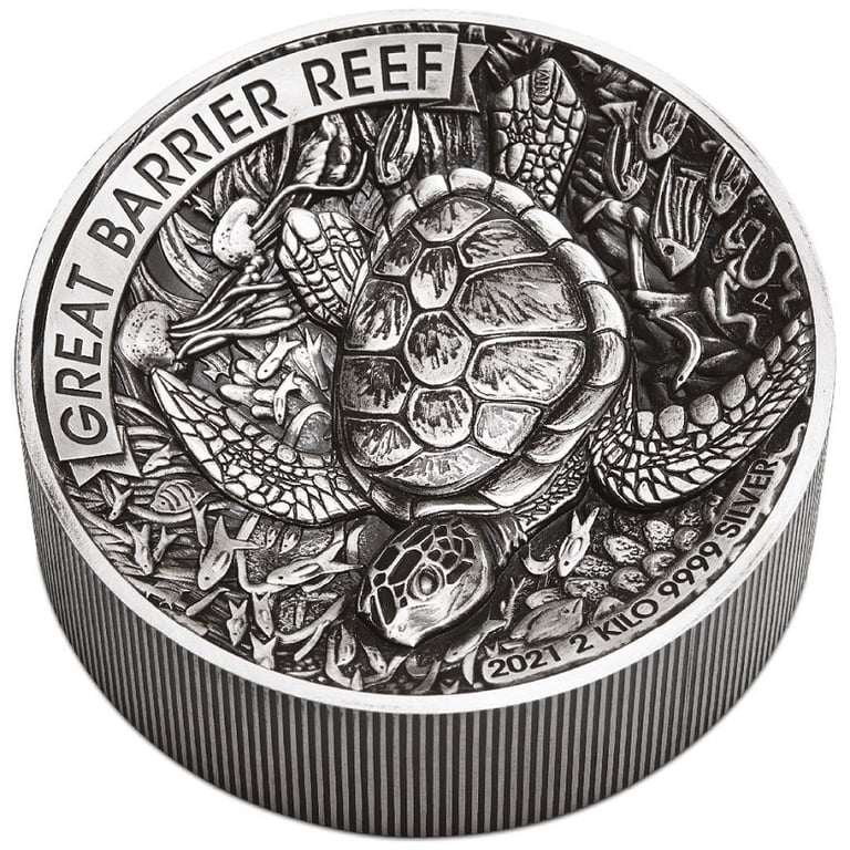 Side view of the Silver Great Barrier Reef 2 kg 2021 - High Relief - Antique Finish