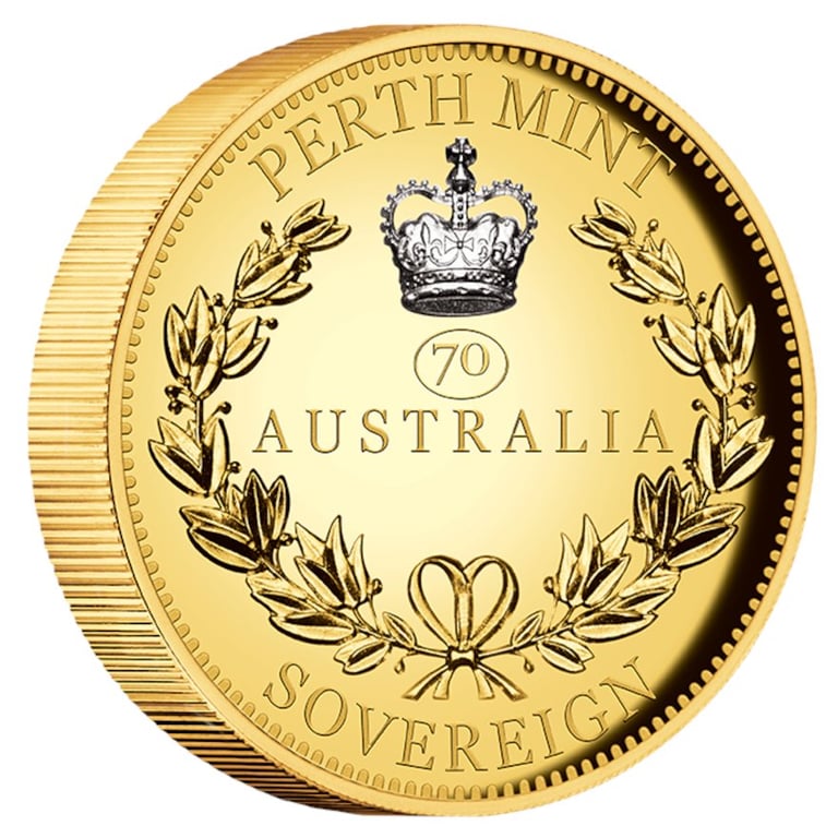Side view of the Gold Double Sovereign - 70th Platinum Anniversary - PF - High Relief 2022