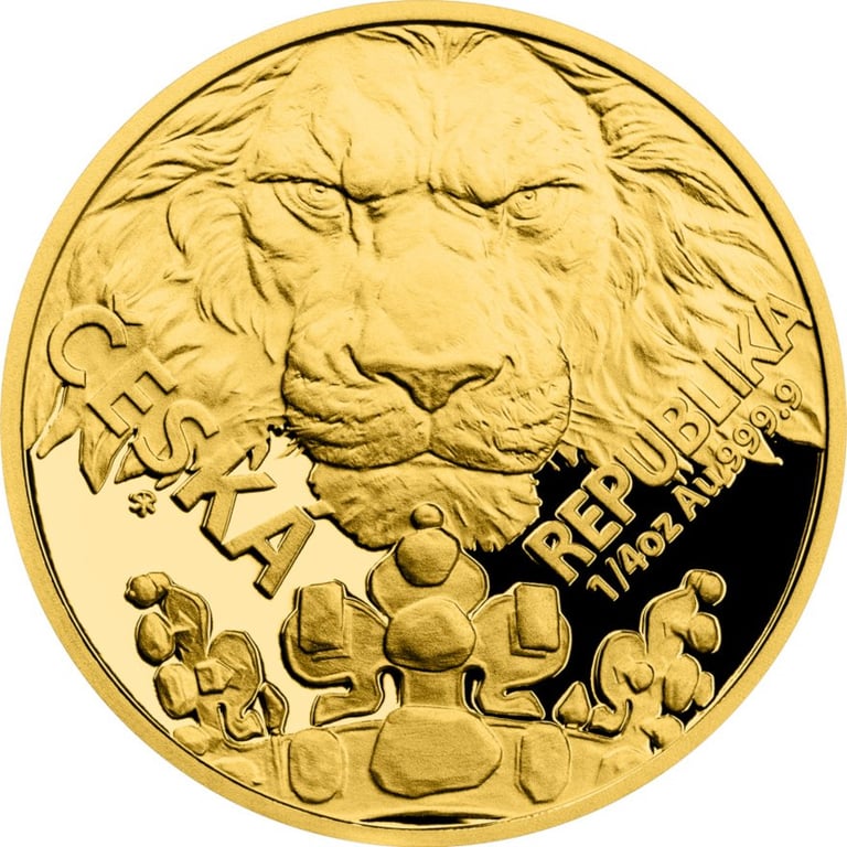 Front of the Gold Czech Lion 1/4 oz - PF - 2023 (incl. case and COA)