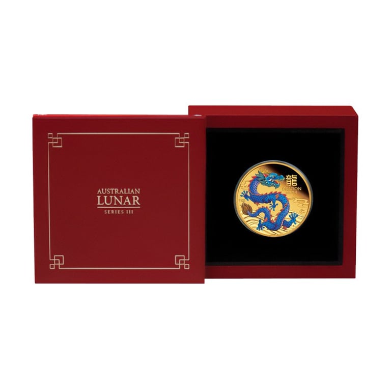 Gold Lunar III Dragon 1 oz Proof - colored 2024 in the original coin case
