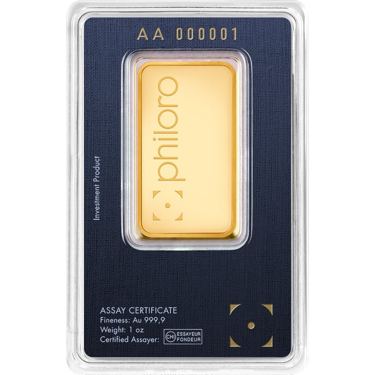 Back of the Gold bar 1 oz - philoro in the blister card