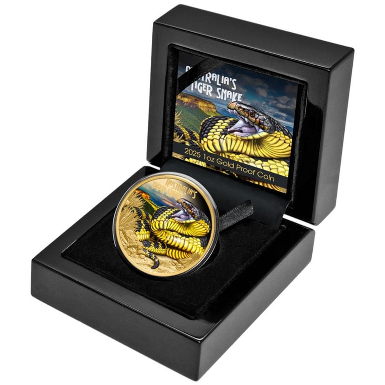 Gold Deadly & Dangerous 1 oz PF - Tiger Snake 2025 in the original coin case