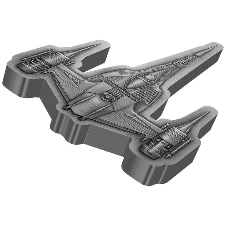 Side view of the Silver STAR WARS Mandalorian N-1 Starfighter 3 oz - 2023