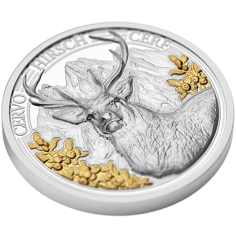 Side view of Silver Swiss Wildlife – Deer 3 oz Proof – Ultra High Relief 2026