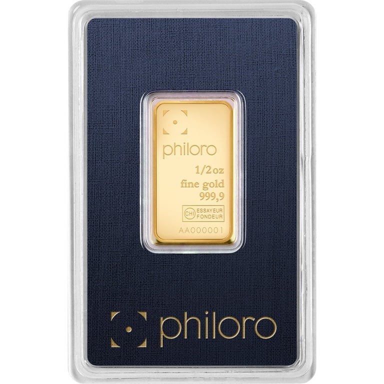 Front of the Gold bar 1/2 oz - philoro in the blister card