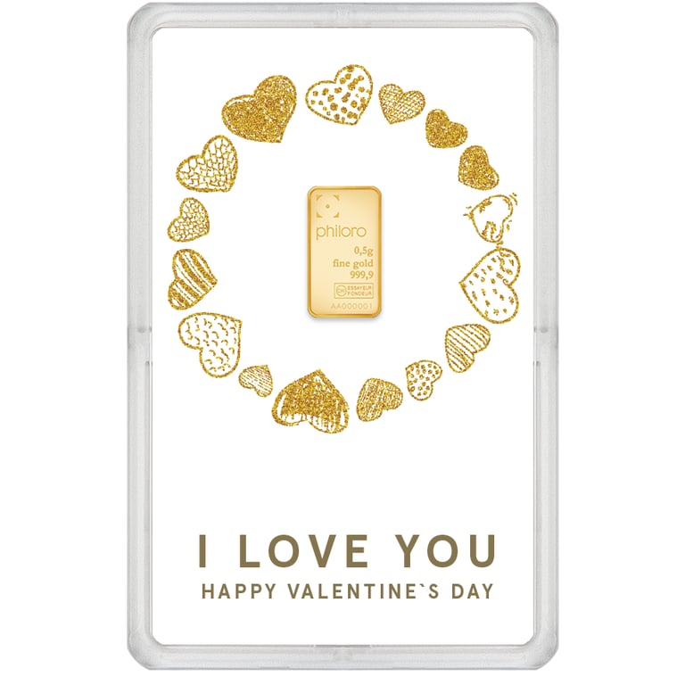 Front of the Gold bar 0.5 g - philoro gift card Valentine's Day “HEART CIRCLE”