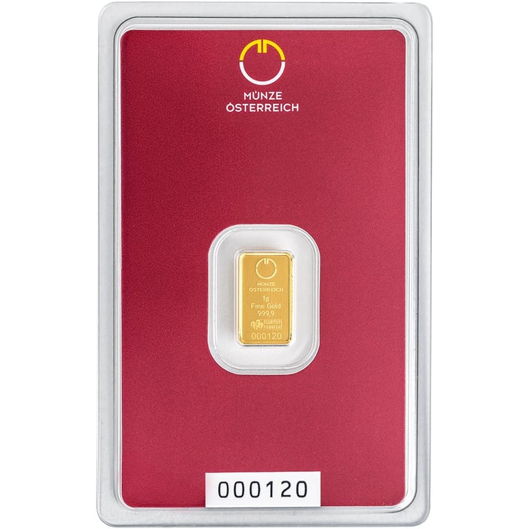 Front of the Gold bar 1g - Austrian Mint in the blister card (Production version 2)