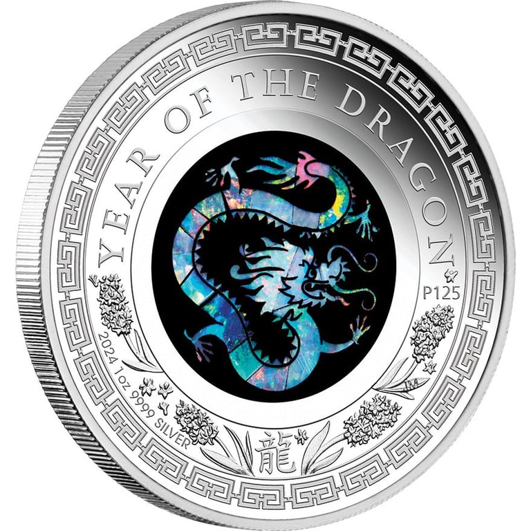 Side view of the Silver Opal Series 1 oz PF - Year of the Dragon 2024