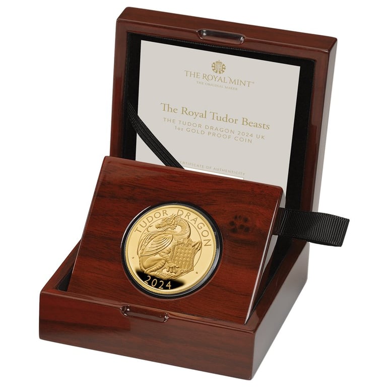 Gold Tudor Dragon 1 oz PF - Royal Tudor Beasts 2024 in the original coin case