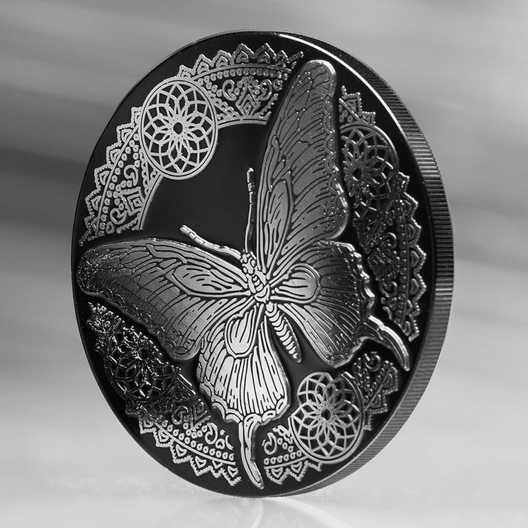 Side view of the Silver Butterfly 1 oz PF - Obsidian Black 2025