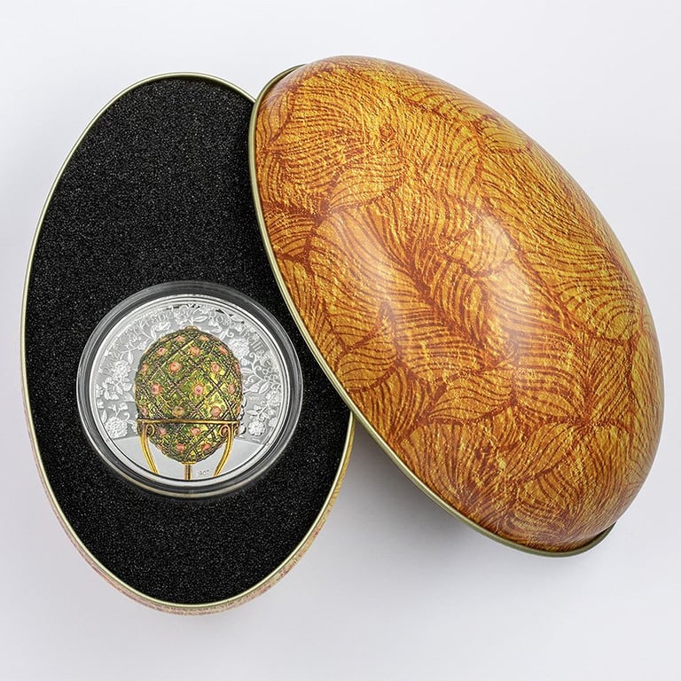 Side view of the Peter Carl Fabergé - Rose Trellis Egg - 2 oz Silver