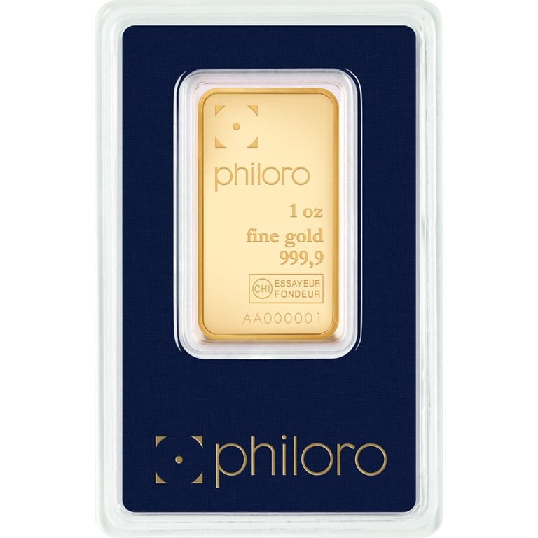 Front of the Gold bar 1 oz - philoro in the blister card