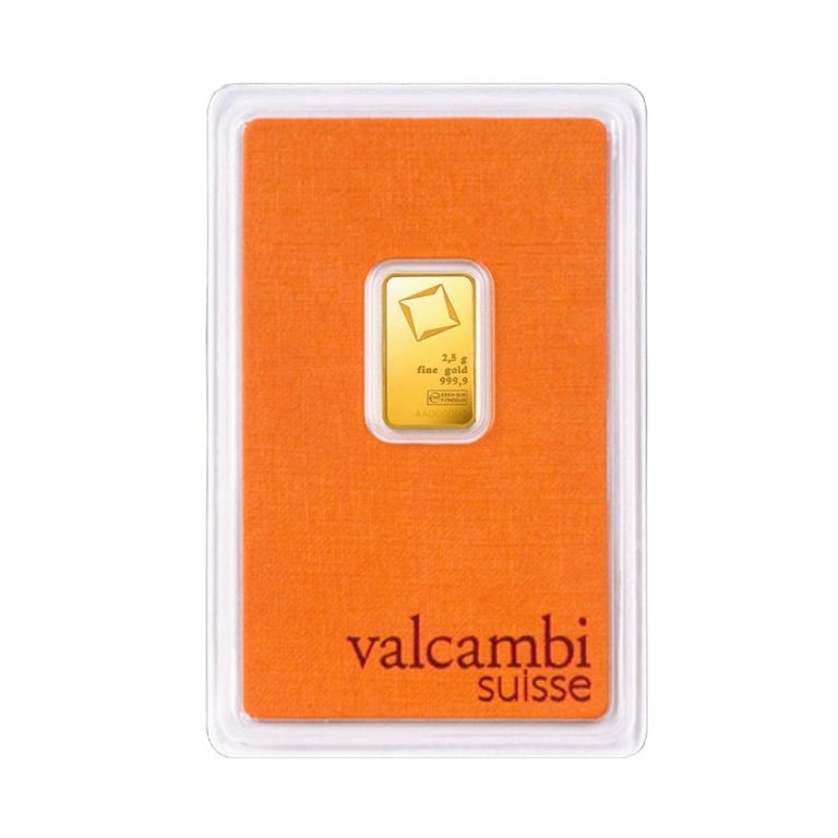 Front of the Gold bar 2,5 g - Valcambi in the blister card