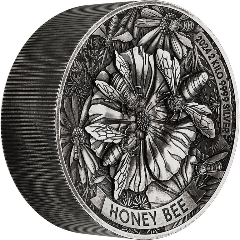 Side view of the Silver Honey Bee 2000 g Antique Finish - High Relief 2024