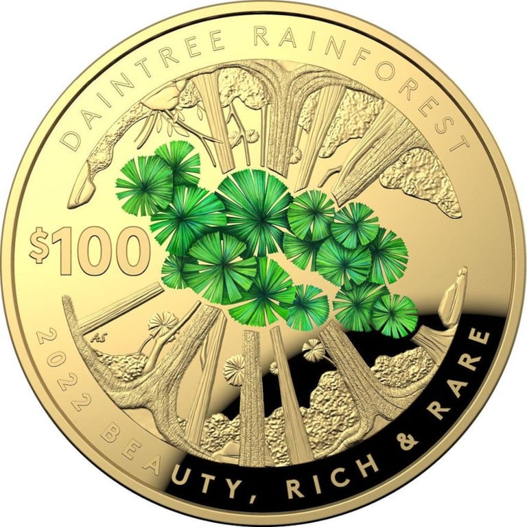 Front of the Gold Daintree Rainforest 1 oz PF - domed mintage 2022