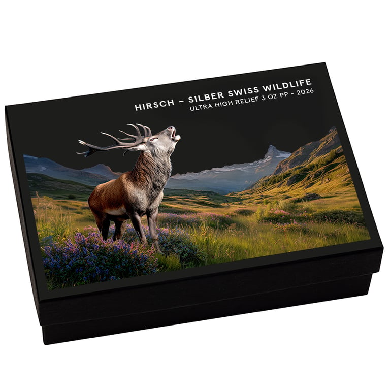 Box of Silver Swiss Wildlife – Deer 3 oz Proof – Ultra High Relief 2026