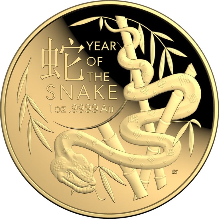 Front of the Gold Lunar Snake 1 oz PF domed coin - RAM 2025