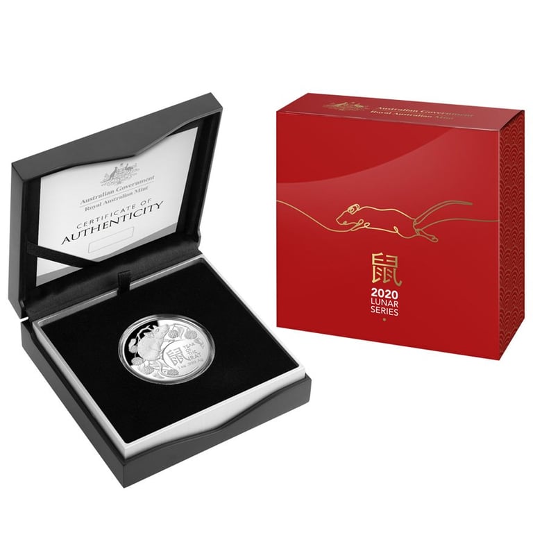 Silver 1 oz Lunar Rat PF domed coin - RAM 2020 in the original coin case