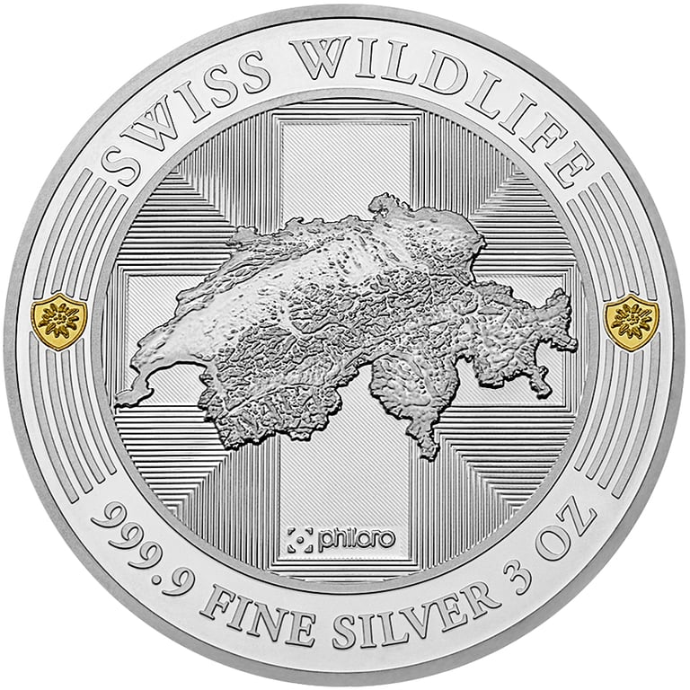 Back of Silver Swiss Wildlife – Deer 3 oz Proof – Ultra High Relief 2026