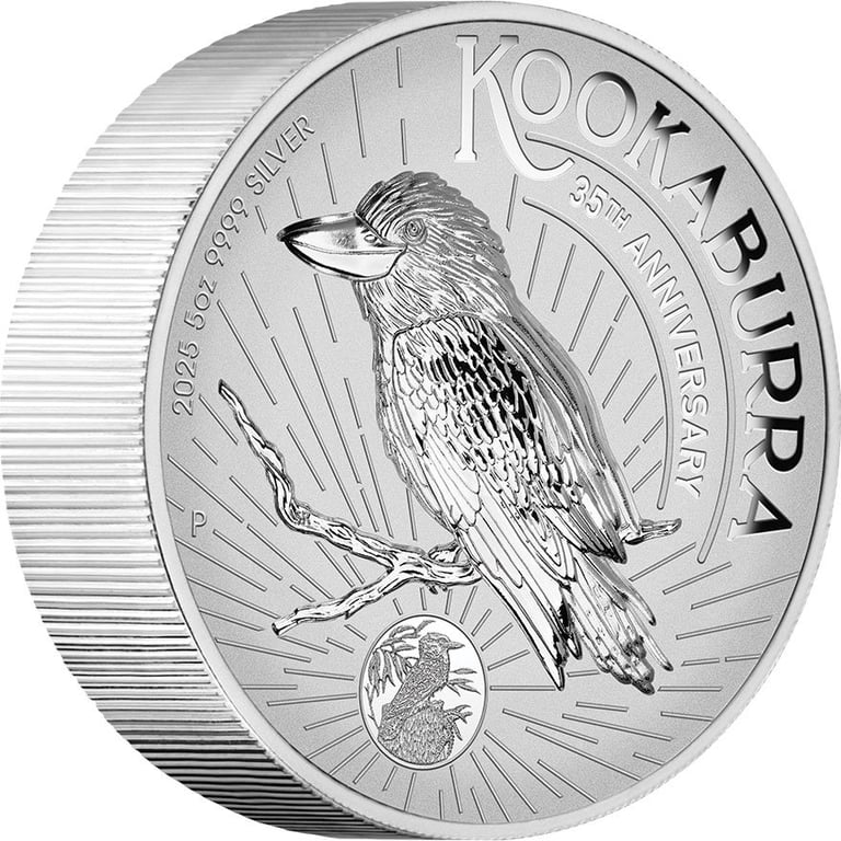 Side view of the Silver Kookaburra 5 oz PF - 35th Anniversary - Incused 2025