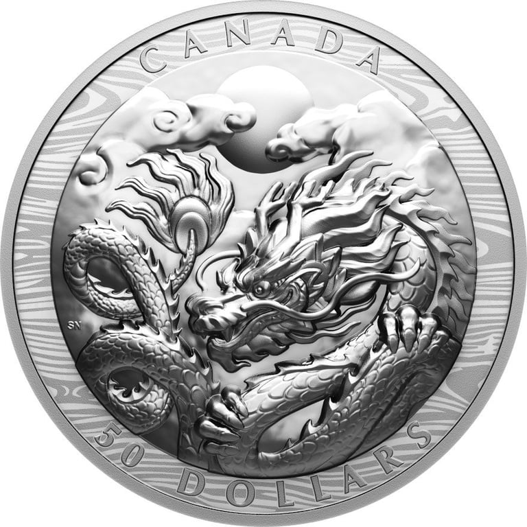 Front of the Silver Lunar Dragon 3 oz PF - Ultra High Relief 2024