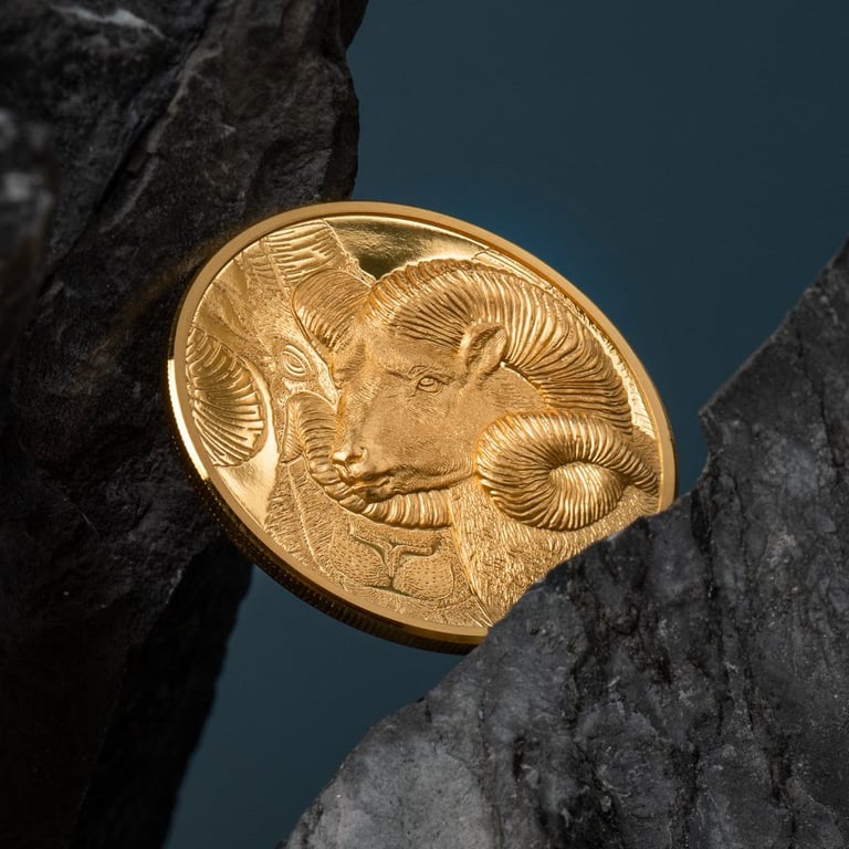 Side view of the Gold Magnificent Argali 1 oz PF - High Relief 2022