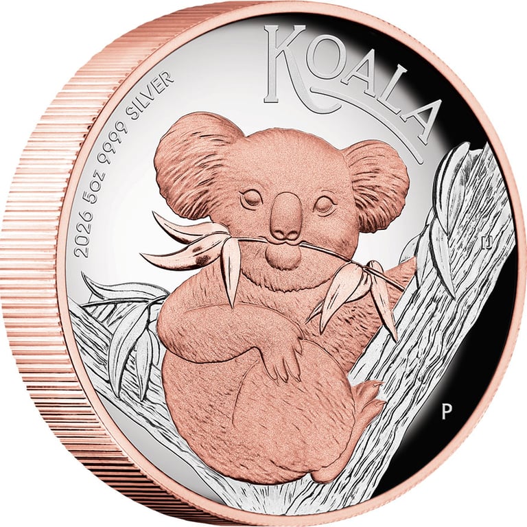 Side view of Silver Koala 5 oz Proof – Partially Rose Gold-Plated 2026