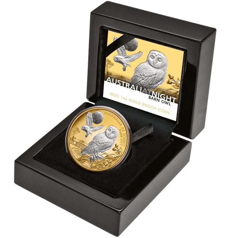 Gold Barn Owl 1 oz PF - Platinum-Coated 2022 in the original coin case