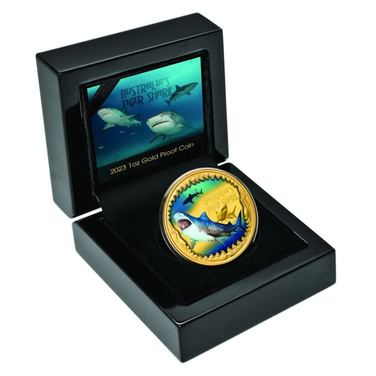 Gold Deadly & Dangerous - Tiger Shark 1 oz PF - 2023 in the original coin case