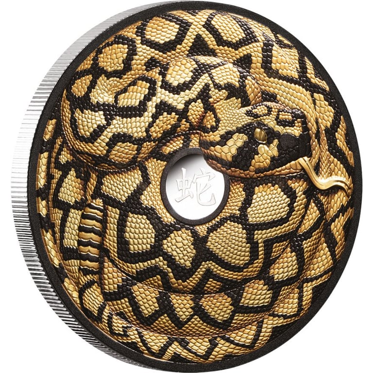 Side view of the Silver Year of the Snake - 5 oz Black Proof - Part gold plated 2025