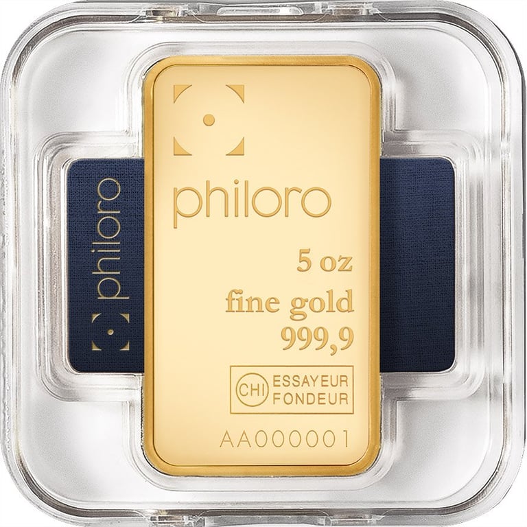 Front of the Gold bar 5 oz - philoro in the blister card
