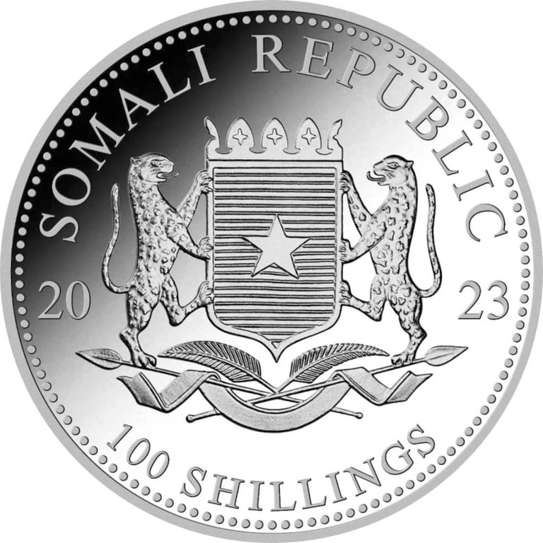 Back of Silver Somalia Elephant 1 oz - various years