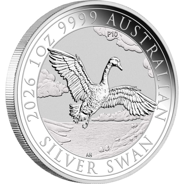 Side view of Silver Swan 1 oz - 10th Anniversary - 2026