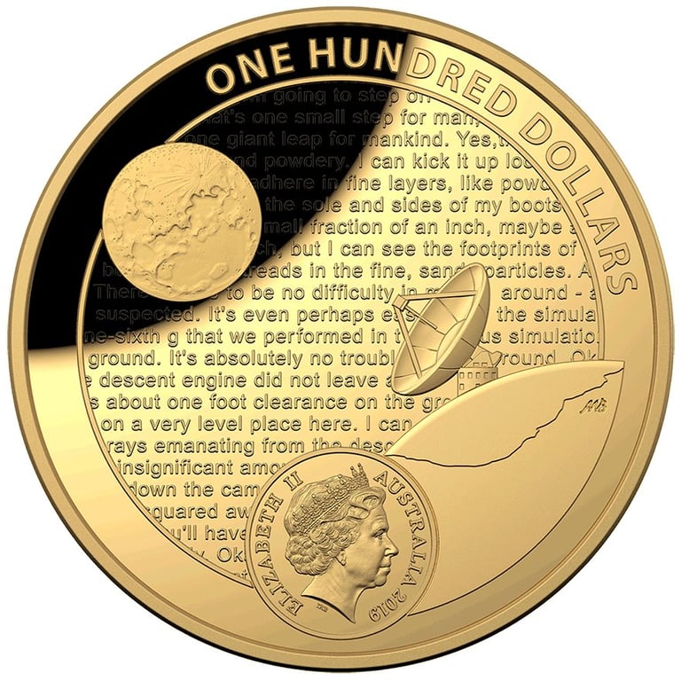 Back of the Gold 50th Anniversary of the Moon Landing 1 oz Proof domed coin - RAM 2019