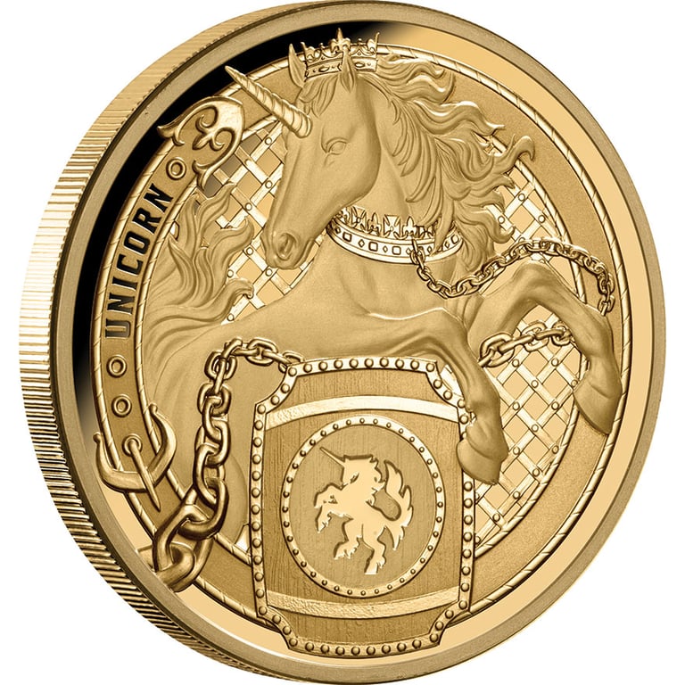 Side view of Gold Heraldic Beasts 1 oz Proof - Unicorn 2026