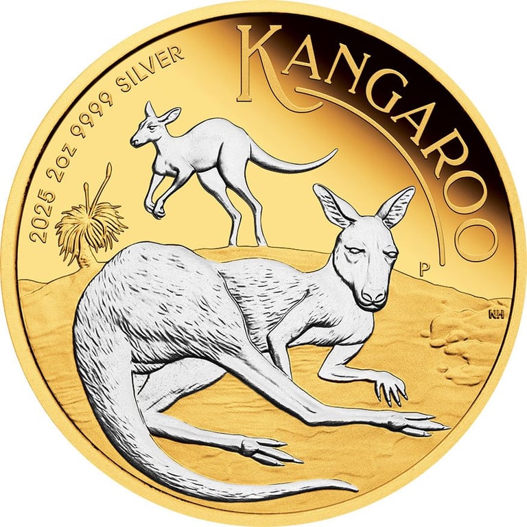 Front of the Silver Kangaroo 2 oz PF - Partially Gold-Plated 2025
