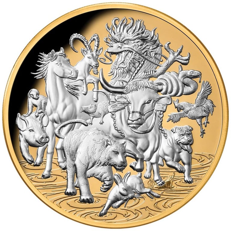 Front of the Silver Great Lunar Race 5 oz PF - Partly gold plated