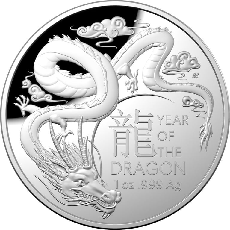 Front of the Silver Lunar Dragon 1 oz PF domed coin - RAM 2024