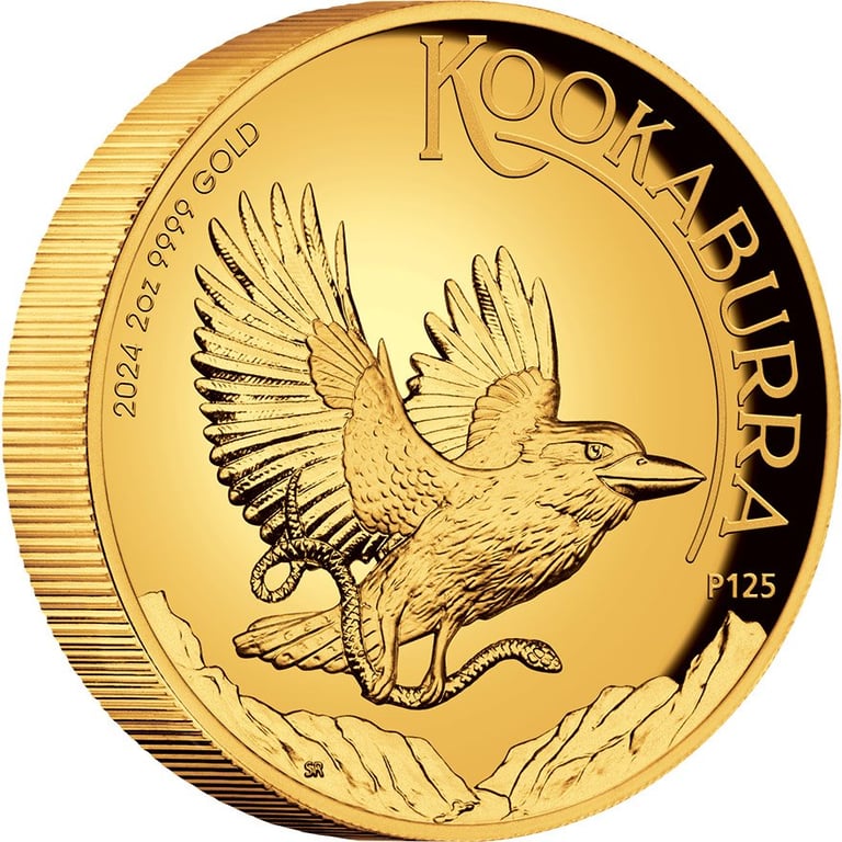 Side view of the Gold Kookaburra 2 oz PF - High Relief 2024