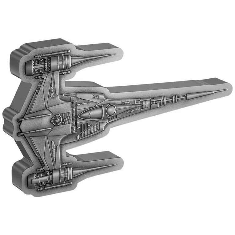 Front of the Silver STAR WARS Mandalorian N-1 Starfighter 3 oz - 2023